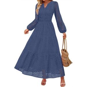 imageZESICA Womens 2025 Fall Long Sleeve Maxi Dress V Neck Hollow Out Eyelet A Line Long Flowy Casual Party DressesDustyblue