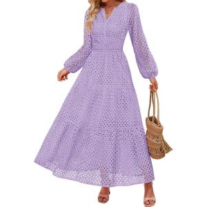 imageZESICA Womens 2025 Fall Long Sleeve Maxi Dress V Neck Hollow Out Eyelet A Line Long Flowy Casual Party DressesLightpurple