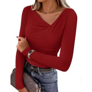 imageZESICA Womens Long Sleeve Asymmetrical Neck Ruched Slim Fit Shirts 2025 Fall Fashion Casual Tee Going Out TopsRed