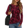 imageZESICA Womens Floral Long Sleeve Shirts 2025 Fall Boat Neck Mesh Ruched Tops Fitted Asymmetrical Going Out BlousesRed