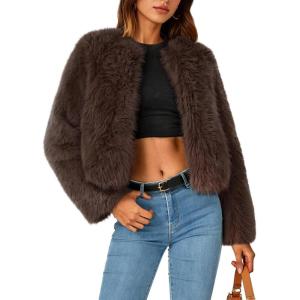 imageZESICA Womens 2025 Winter Faux Fur Coats Fluffy Cropped Jacket Long Sleeve Shaggy Outerwear Fall Clothes with PocketsBrown
