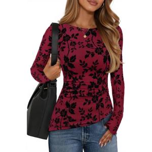 imageZESICA Womens Floral Long Sleeve Shirts 2025 Fall Boat Neck Mesh Ruched Tops Fitted Asymmetrical Going Out BlousesRed
