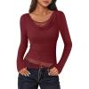 imageZESICA Womens Fall Long Sleeve Tops 2025 Casual Cowl Neck Lace Slim Fit Going Out Y2k Knit Shirts BlousesWine