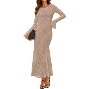 imageZESICA Womens Long Sleeve Bodycon Maxi Dress 2025 Fall Fashion Floral Sexy Mermaid Wedding Guest Cocktail Party DressesKhaki