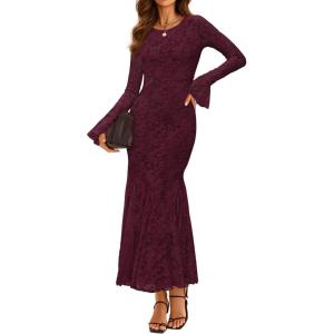 imageZESICA Womens Long Sleeve Bodycon Maxi Dress 2025 Fall Fashion Floral Sexy Mermaid Wedding Guest Cocktail Party DressesWine