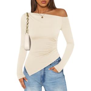 imageZESICA Womens Off The Shoulder Tops 2025 Long Sleeve Y2K Asymmetrical Ruched Fitted Shirts Fall Trendy Going Out TopApricot