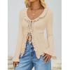 imageZESICA Womens 2025 Fall Tie Front Bow Cardigan Sweaters Long Bell Sleeve V Neck Ruffled Knit Cropped Trendy TopsApricot