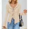 imageZESICA Womens 2025 Fall Tie Front Bow Cardigan Sweaters Long Bell Sleeve V Neck Ruffled Knit Cropped Trendy TopsApricot
