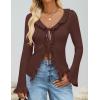 imageZESICA Womens 2025 Fall Tie Front Bow Cardigan Sweaters Long Bell Sleeve V Neck Ruffled Knit Cropped Trendy TopsBrown