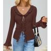 imageZESICA Womens 2025 Fall Tie Front Bow Cardigan Sweaters Long Bell Sleeve V Neck Ruffled Knit Cropped Trendy TopsBrown
