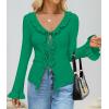 imageZESICA Womens 2025 Fall Tie Front Bow Cardigan Sweaters Long Bell Sleeve V Neck Ruffled Knit Cropped Trendy TopsGreen