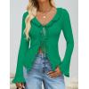 imageZESICA Womens 2025 Fall Tie Front Bow Cardigan Sweaters Long Bell Sleeve V Neck Ruffled Knit Cropped Trendy TopsGreen