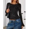 imageZESICA Womens Bell Long Sleeve Mesh Tops 2025 Fall Trendy Going Out Fitted Shirts Floral Y2k ClothesBlack