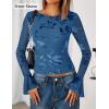 imageZESICA Womens Bell Long Sleeve Mesh Tops 2025 Fall Trendy Going Out Fitted Shirts Floral Y2k ClothesDarkblue