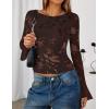 imageZESICA Womens Bell Long Sleeve Mesh Tops 2025 Fall Trendy Going Out Fitted Shirts Floral Y2k ClothesDarkbrown