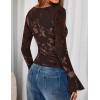 imageZESICA Womens Bell Long Sleeve Mesh Tops 2025 Fall Trendy Going Out Fitted Shirts Floral Y2k ClothesDarkbrown
