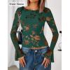 imageZESICA Womens Bell Long Sleeve Mesh Tops 2025 Fall Trendy Going Out Fitted Shirts Floral Y2k ClothesDarkgreen