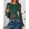 imageZESICA Womens Bell Long Sleeve Mesh Tops 2025 Fall Trendy Going Out Fitted Shirts Floral Y2k ClothesDarkgreen
