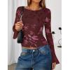 imageZESICA Womens Bell Long Sleeve Mesh Tops 2025 Fall Trendy Going Out Fitted Shirts Floral Y2k ClothesWine