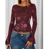 imageZESICA Womens Bell Long Sleeve Mesh Tops 2025 Fall Trendy Going Out Fitted Shirts Floral Y2k ClothesWine
