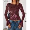 imageZESICA Womens Bell Long Sleeve Mesh Tops 2025 Fall Trendy Going Out Fitted Shirts Floral Y2k ClothesWine