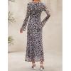 imageZESICA Womens Long Sleeve Floral Bodycon Dress 2025 Fall Fashion Ruched Mesh Wedding Guest Cocktail Party Maxi DressesLeopard