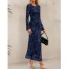 imageZESICA Womens Long Sleeve Floral Bodycon Dress 2025 Fall Fashion Ruched Mesh Wedding Guest Cocktail Party Maxi DressesNavy