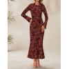 imageZESICA Womens Long Sleeve Floral Bodycon Dress 2025 Fall Fashion Ruched Mesh Wedding Guest Cocktail Party Maxi DressesRust