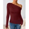 imageZESICA Womens Long Sleeve Off Shoulder Tops Fall 2025 Casual Boat Neck Lace Slim Fit Going Out Y2k Shirts BlousesWine