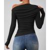 imageZESICA Womens Off Shoulder Long Sleeve Tops 2025 Fall Casual Boat Neck Ruched Slim Fit Going Out Y2k Shirts BlousesBlack
