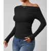 imageZESICA Womens Off Shoulder Long Sleeve Tops 2025 Fall Casual Boat Neck Ruched Slim Fit Going Out Y2k Shirts BlousesBlack