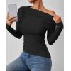 imageZESICA Womens Off Shoulder Long Sleeve Tops 2025 Fall Casual Boat Neck Ruched Slim Fit Going Out Y2k Shirts BlousesBlack