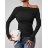 imageZESICA Womens Off Shoulder Long Sleeve Tops 2025 Fall Casual Boat Neck Ruched Slim Fit Going Out Y2k Shirts BlousesBlack