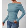 imageZESICA Womens Off Shoulder Long Sleeve Tops 2025 Fall Casual Boat Neck Ruched Slim Fit Going Out Y2k Shirts BlousesBlue