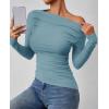 imageZESICA Womens Off Shoulder Long Sleeve Tops 2025 Fall Casual Boat Neck Ruched Slim Fit Going Out Y2k Shirts BlousesBlue