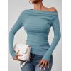 imageZESICA Womens Off Shoulder Long Sleeve Tops 2025 Fall Casual Boat Neck Ruched Slim Fit Going Out Y2k Shirts BlousesBlue