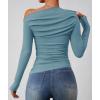 imageZESICA Womens Off Shoulder Long Sleeve Tops 2025 Fall Casual Boat Neck Ruched Slim Fit Going Out Y2k Shirts BlousesBlue