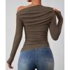 imageZESICA Womens Off Shoulder Long Sleeve Tops 2025 Fall Casual Boat Neck Ruched Slim Fit Going Out Y2k Shirts BlousesCoffee