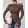 imageZESICA Womens Off Shoulder Long Sleeve Tops 2025 Fall Casual Boat Neck Ruched Slim Fit Going Out Y2k Shirts BlousesCoffee