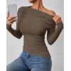 imageZESICA Womens Off Shoulder Long Sleeve Tops 2025 Fall Casual Boat Neck Ruched Slim Fit Going Out Y2k Shirts BlousesCoffee