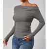 imageZESICA Womens Off Shoulder Long Sleeve Tops 2025 Fall Casual Boat Neck Ruched Slim Fit Going Out Y2k Shirts BlousesGrey