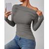 imageZESICA Womens Off Shoulder Long Sleeve Tops 2025 Fall Casual Boat Neck Ruched Slim Fit Going Out Y2k Shirts BlousesGrey