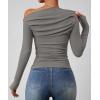 imageZESICA Womens Off Shoulder Long Sleeve Tops 2025 Fall Casual Boat Neck Ruched Slim Fit Going Out Y2k Shirts BlousesGrey