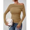 imageZESICA Womens Off Shoulder Long Sleeve Tops 2025 Fall Casual Boat Neck Ruched Slim Fit Going Out Y2k Shirts BlousesKhaki