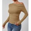 imageZESICA Womens Off Shoulder Long Sleeve Tops 2025 Fall Casual Boat Neck Ruched Slim Fit Going Out Y2k Shirts BlousesKhaki
