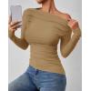 imageZESICA Womens Off Shoulder Long Sleeve Tops 2025 Fall Casual Boat Neck Ruched Slim Fit Going Out Y2k Shirts BlousesKhaki