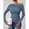 imageZESICA Womens Off Shoulder Long Sleeve Tops 2025 Fall Casual Boat Neck Ruched Slim Fit Going Out Y2k Shirts BlousesMid Blue