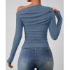 imageZESICA Womens Off Shoulder Long Sleeve Tops 2025 Fall Casual Boat Neck Ruched Slim Fit Going Out Y2k Shirts BlousesMid Blue