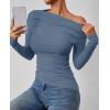 imageZESICA Womens Off Shoulder Long Sleeve Tops 2025 Fall Casual Boat Neck Ruched Slim Fit Going Out Y2k Shirts BlousesMid Blue