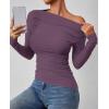 imageZESICA Womens Off Shoulder Long Sleeve Tops 2025 Fall Casual Boat Neck Ruched Slim Fit Going Out Y2k Shirts BlousesPurple